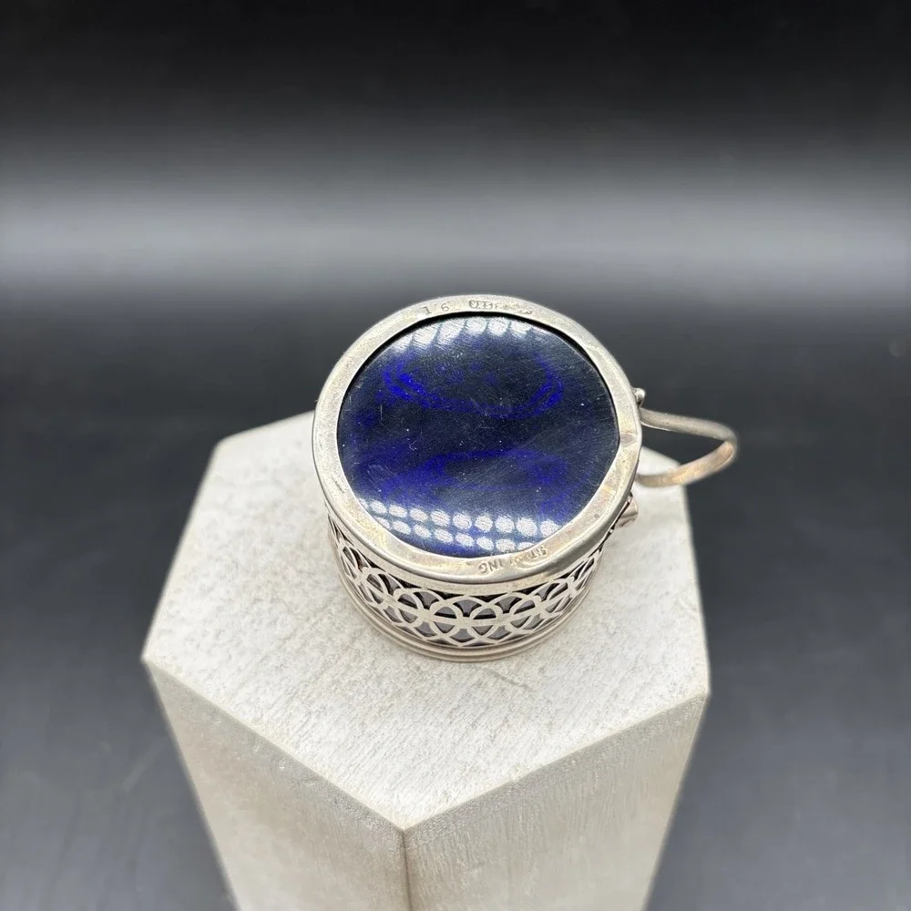 Sterling Silver 925 Mustard Pot Cobalt Blue Glass Liner‎ Openwork Vintage